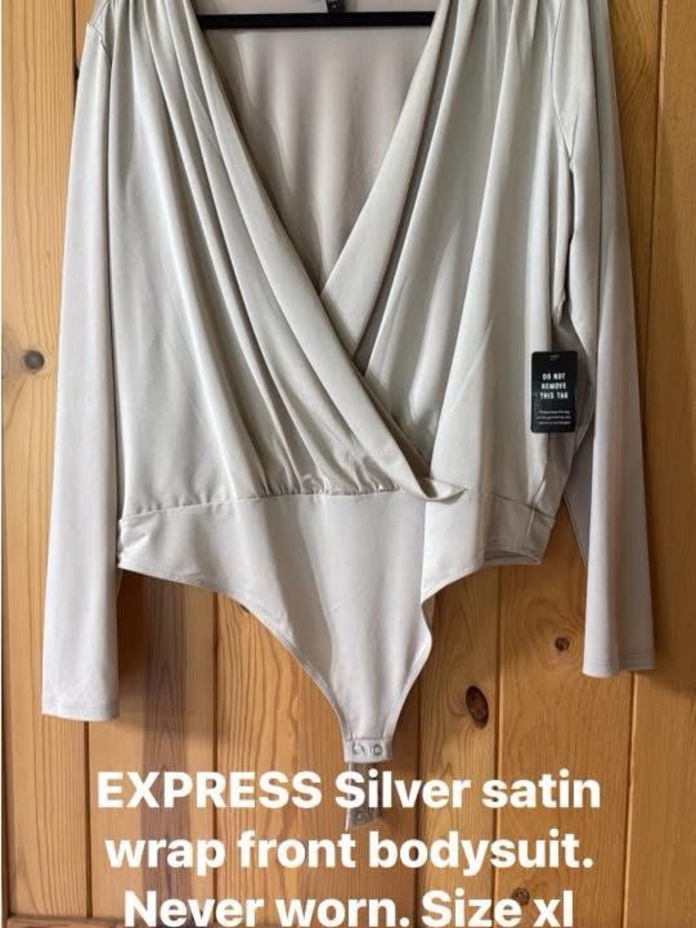 Express Silver Satin Wrap Bodysuit - Draped V-Neck